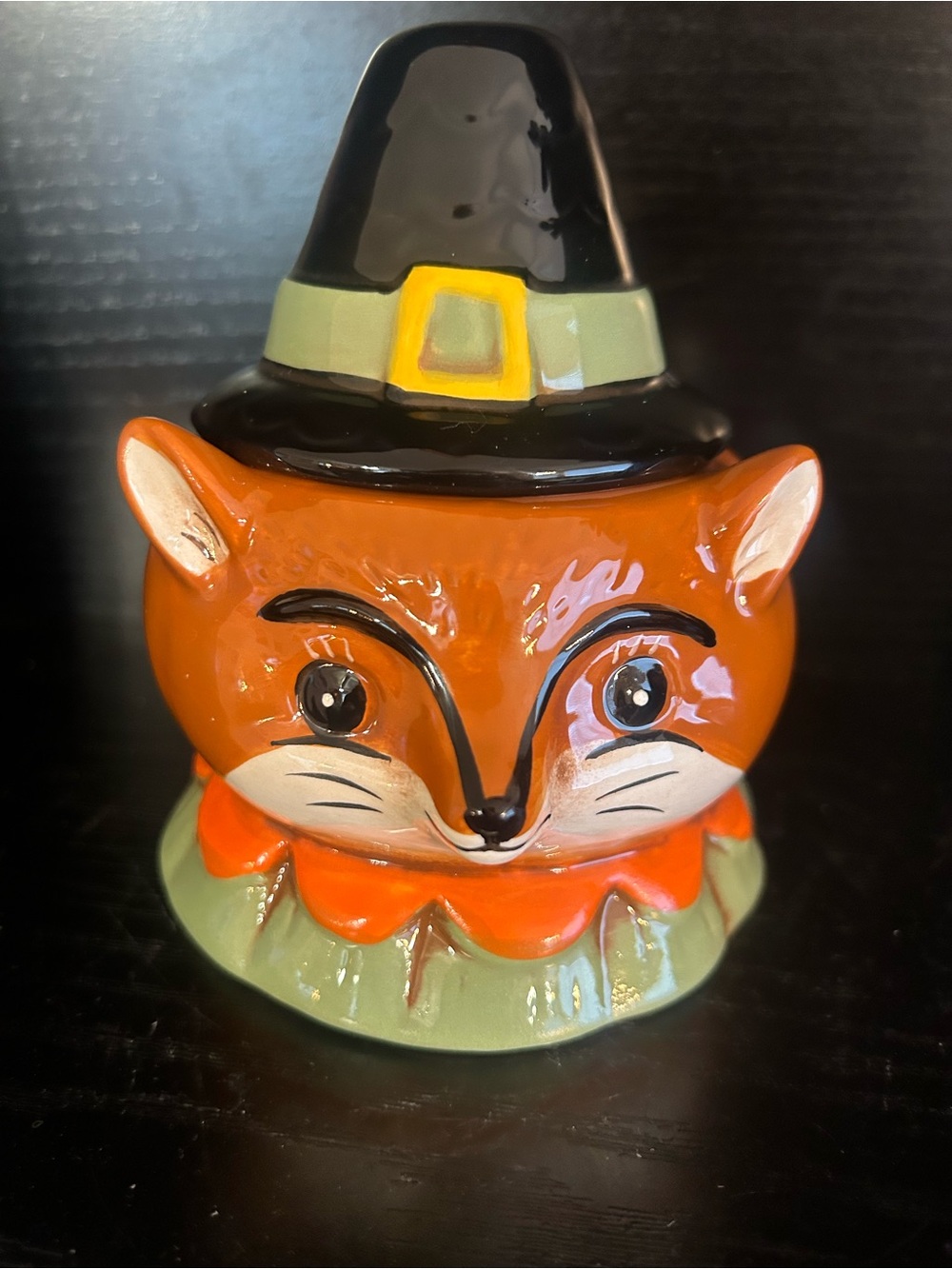 Fox Pilgrim Hat Ceramic Halloween Figurine - Orange and Black